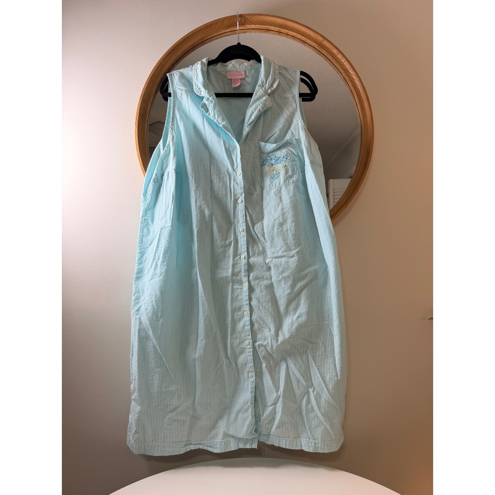 Serenada Nightgown Women 1X Blue Seersucker Excellent Sleeveless Cotton Stripe